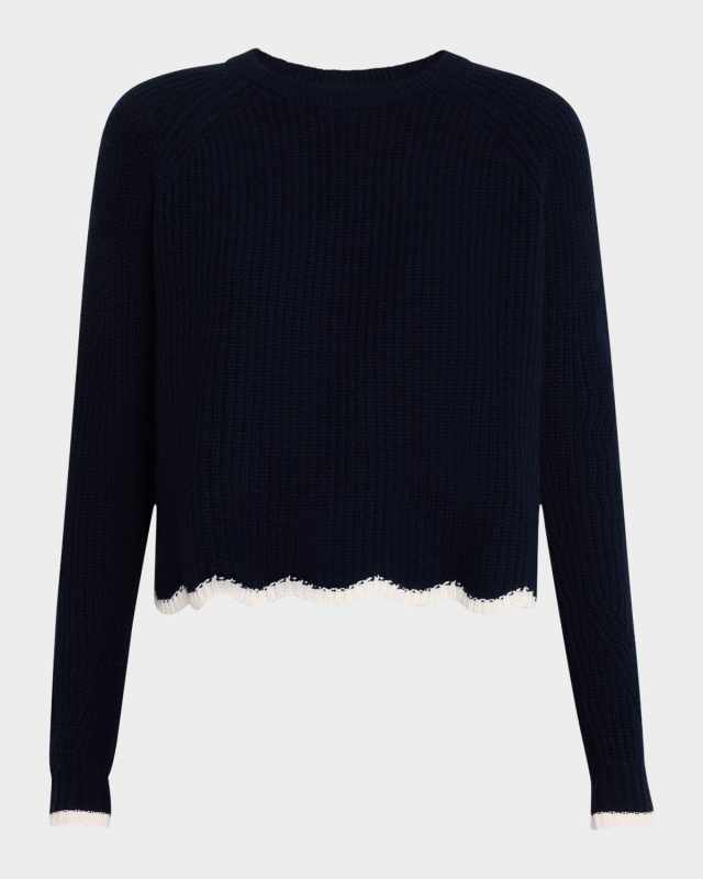 Tipped Scallop Shaker-Knit Crewneck Cashmere Sweater